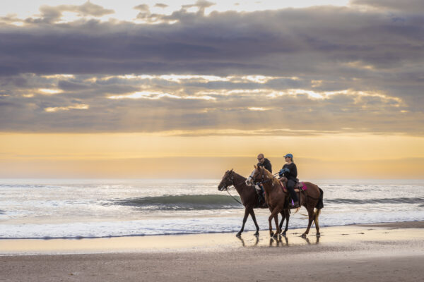 Couple riding horses on Amelia Island beach