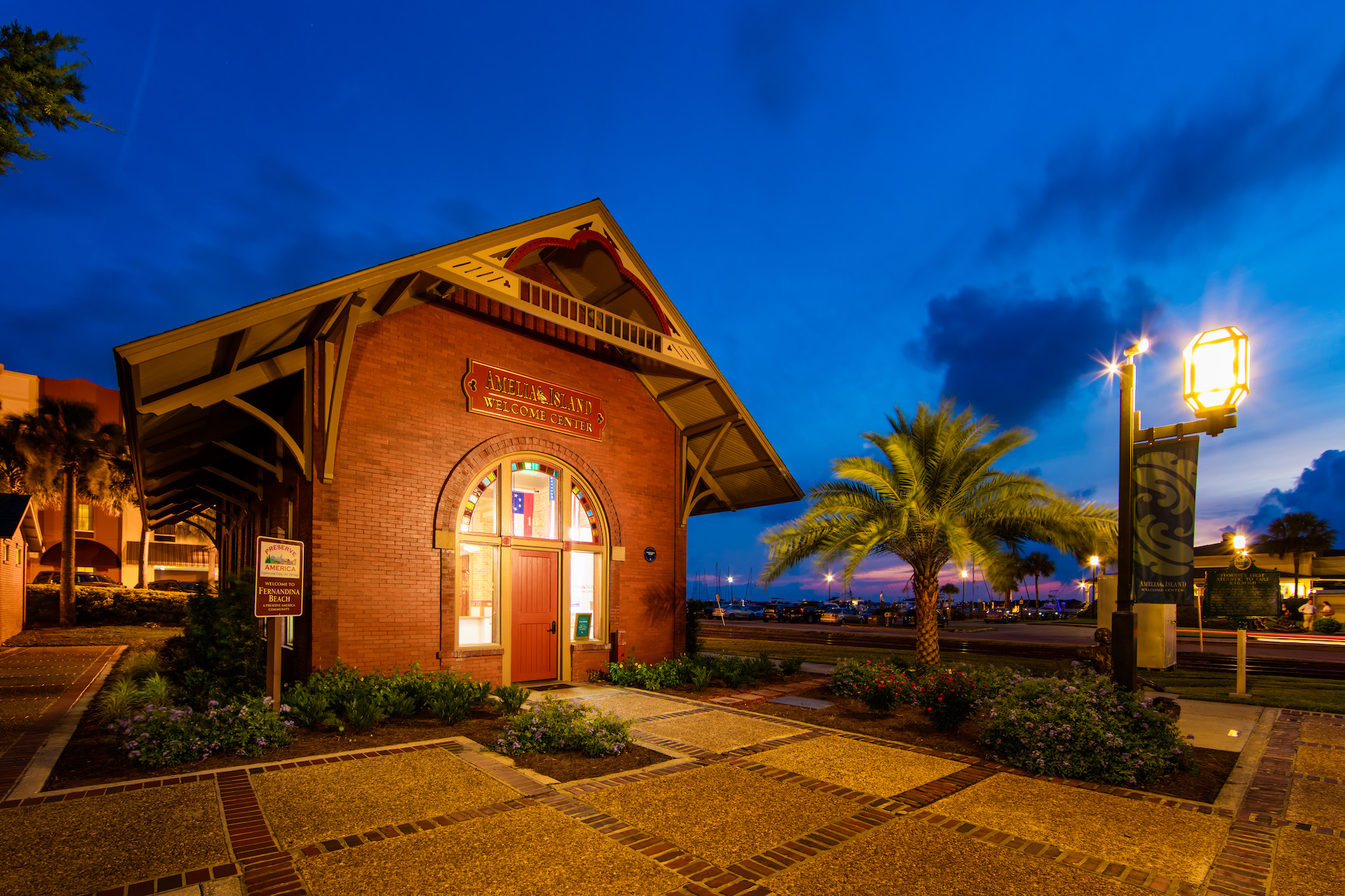 Amelia Island Welcome Center nighttime exterior